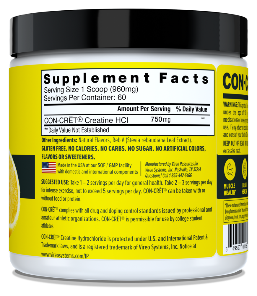 CON-CRET Creatine HCl Powder, 750mg, Lemon Lime 57.6g