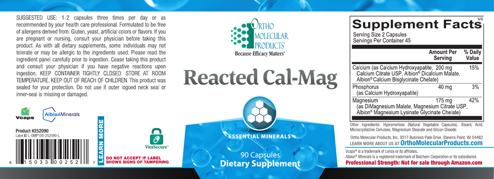 Ortho Molecular Products Reacted Cal-Mag – Calcium & Magnesium – 90 Capsules