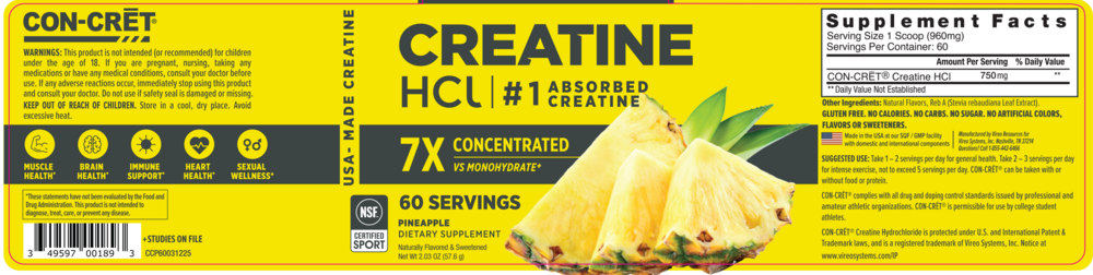 CON-CRET Creatine HCl Powder, 750mg, Pineapple 57.6g