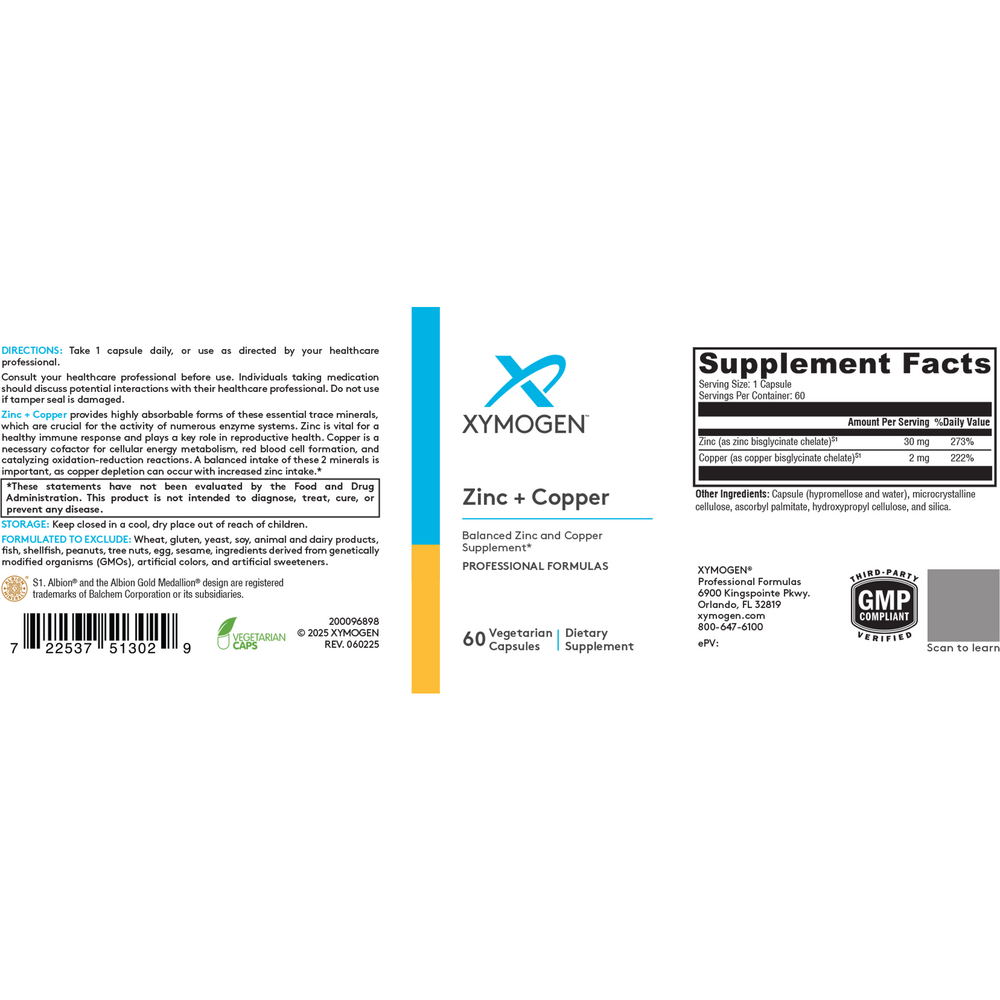 XYMOGEN Zinc + Copper 60 capsules