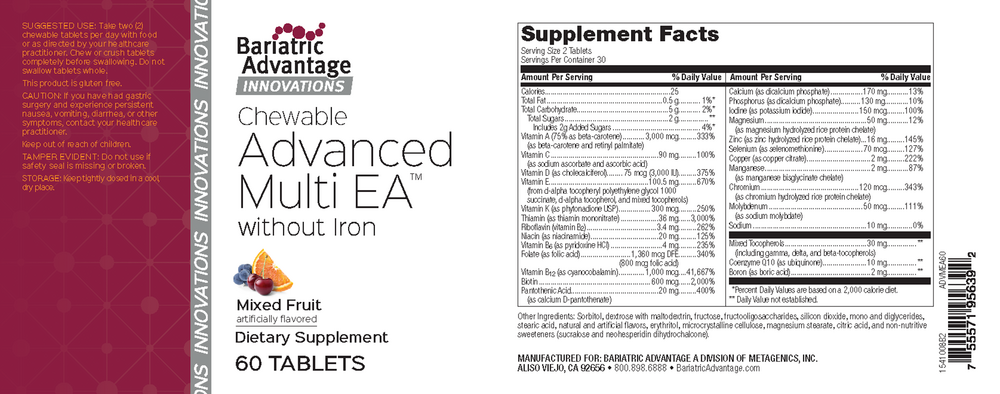 Bariatric Advantage Chewable Advanced Multi EA without Iron Mixed Fruit 30 tablets