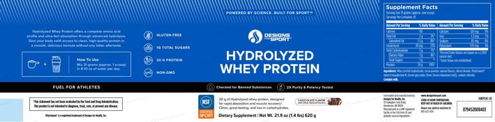 Designs For Sport Hydrolyzed Whey Protein Powder, Chocolate 620g