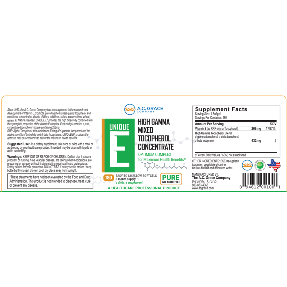 A.C. Grace UNIQUE E® Mixed Tocopherols Concentrate 180 Softgels