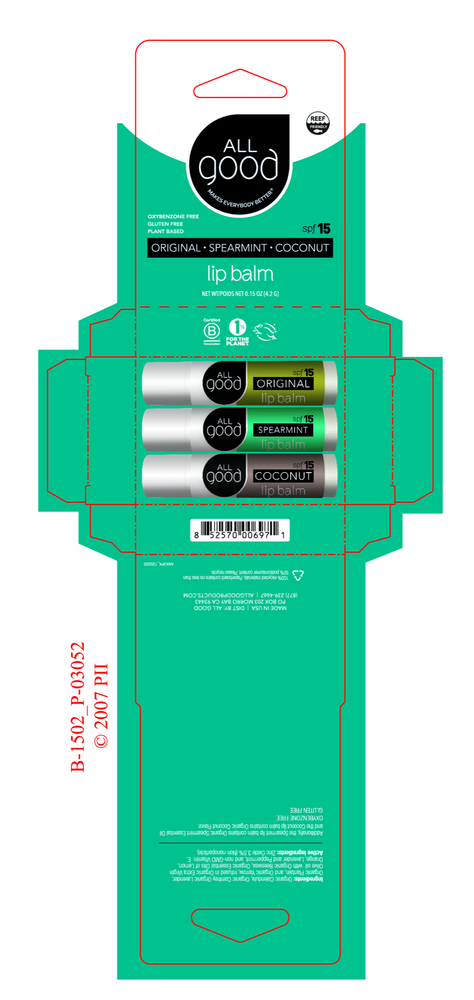 All Good 3 Pack Lip Balm, SPF 15, Original, Spearmint, Coconut Flavors 3 CT