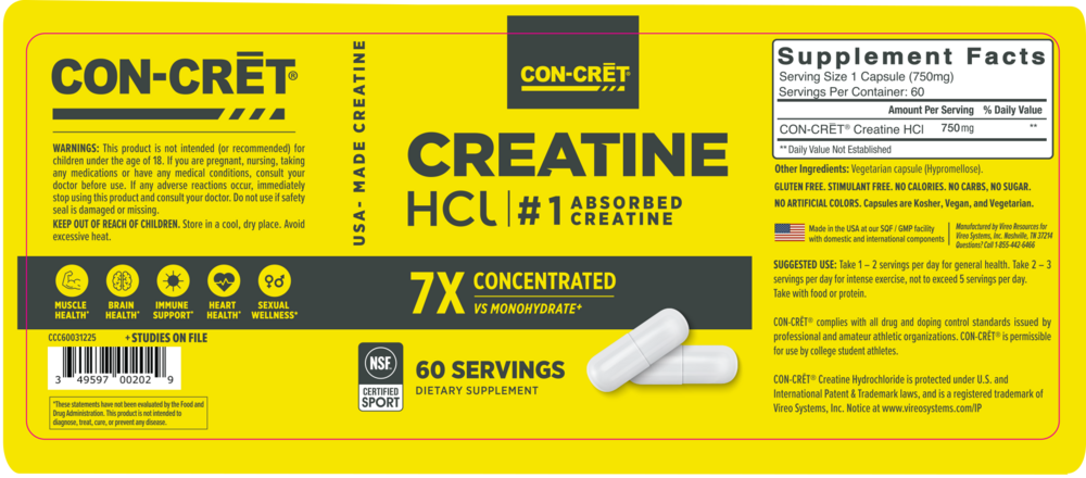 CON-CRET Creatine HCl Capsules, 750mg 60 capsules