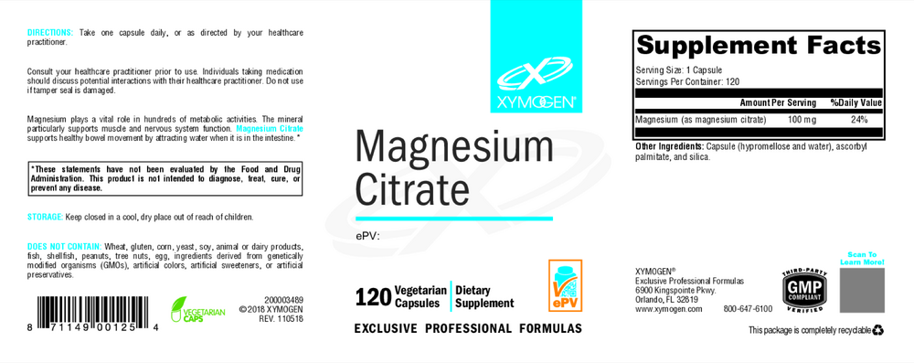 XYMOGEN Magnesium Citrate 120 capsules