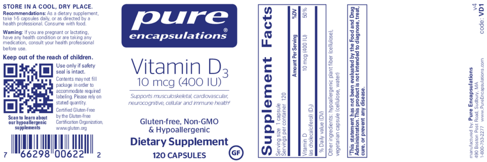 Pure Encapsulations Vitamin D3 10mcg (400IU) 120 capsules