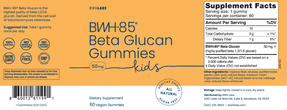 BWH Labs BWH-85® Beta Glucan Kids Gummies, Citrus Berry 60 gummies