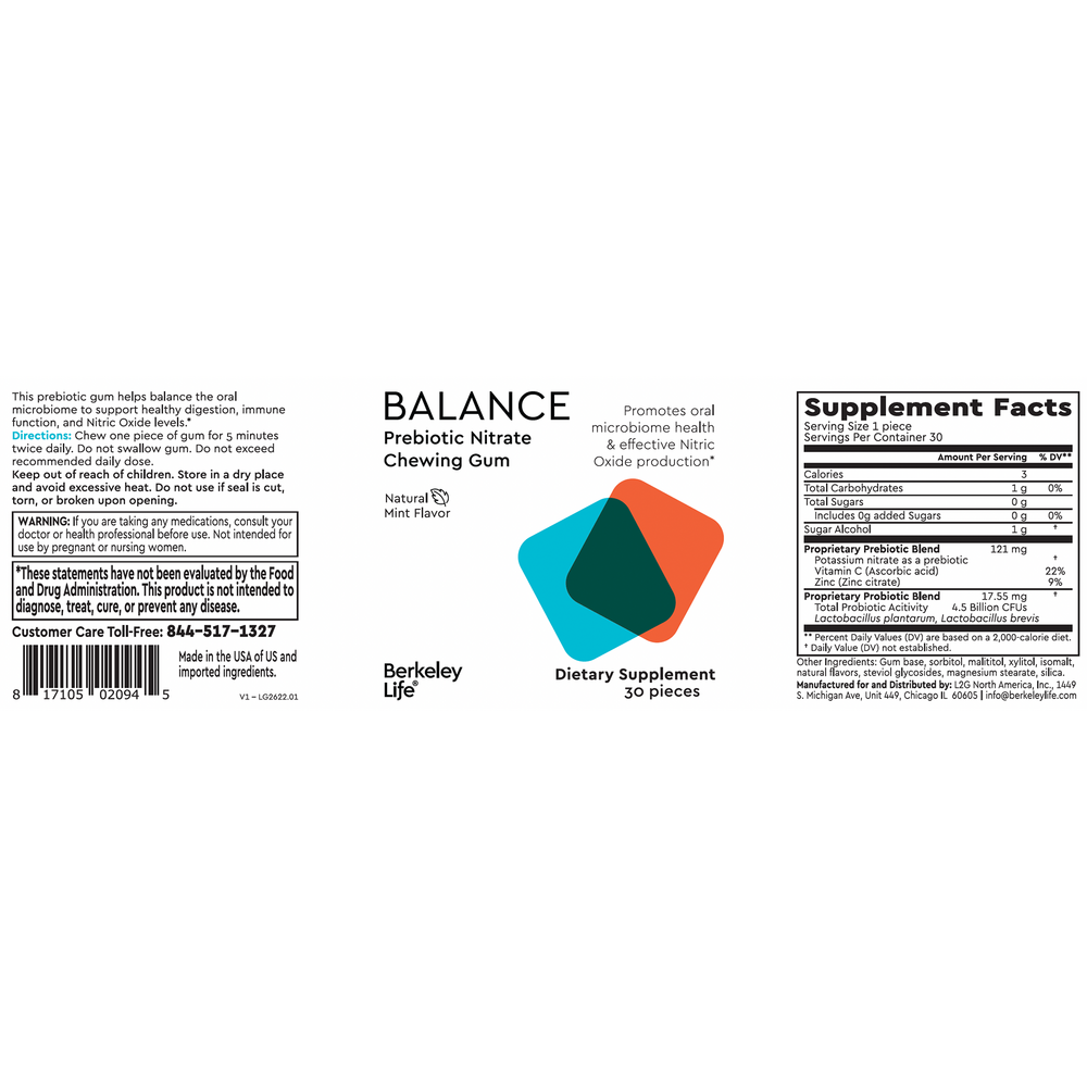 Berkeley Life Prebiotic Nitrate Chewing Gum 30 pieces