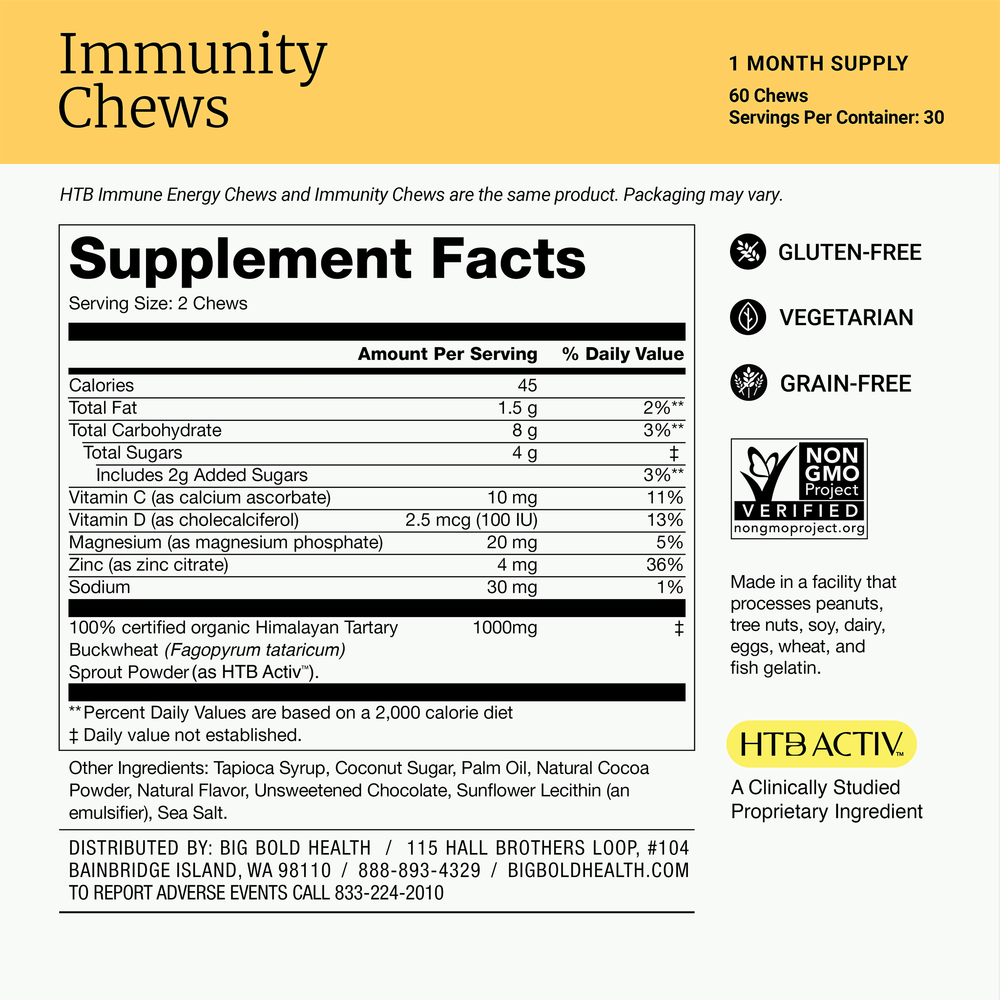 Big Bold Health Immunity Chews, Chocolate (formerly HTB Immune Energy Chews) 60 chewables
