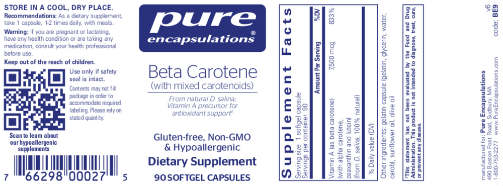 Pure Encapsulations Beta Carotene 90 Softgel Capsules