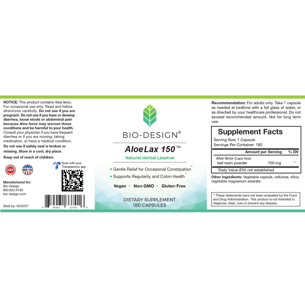 Bio-Design Aloe Lax 150 180 capsules