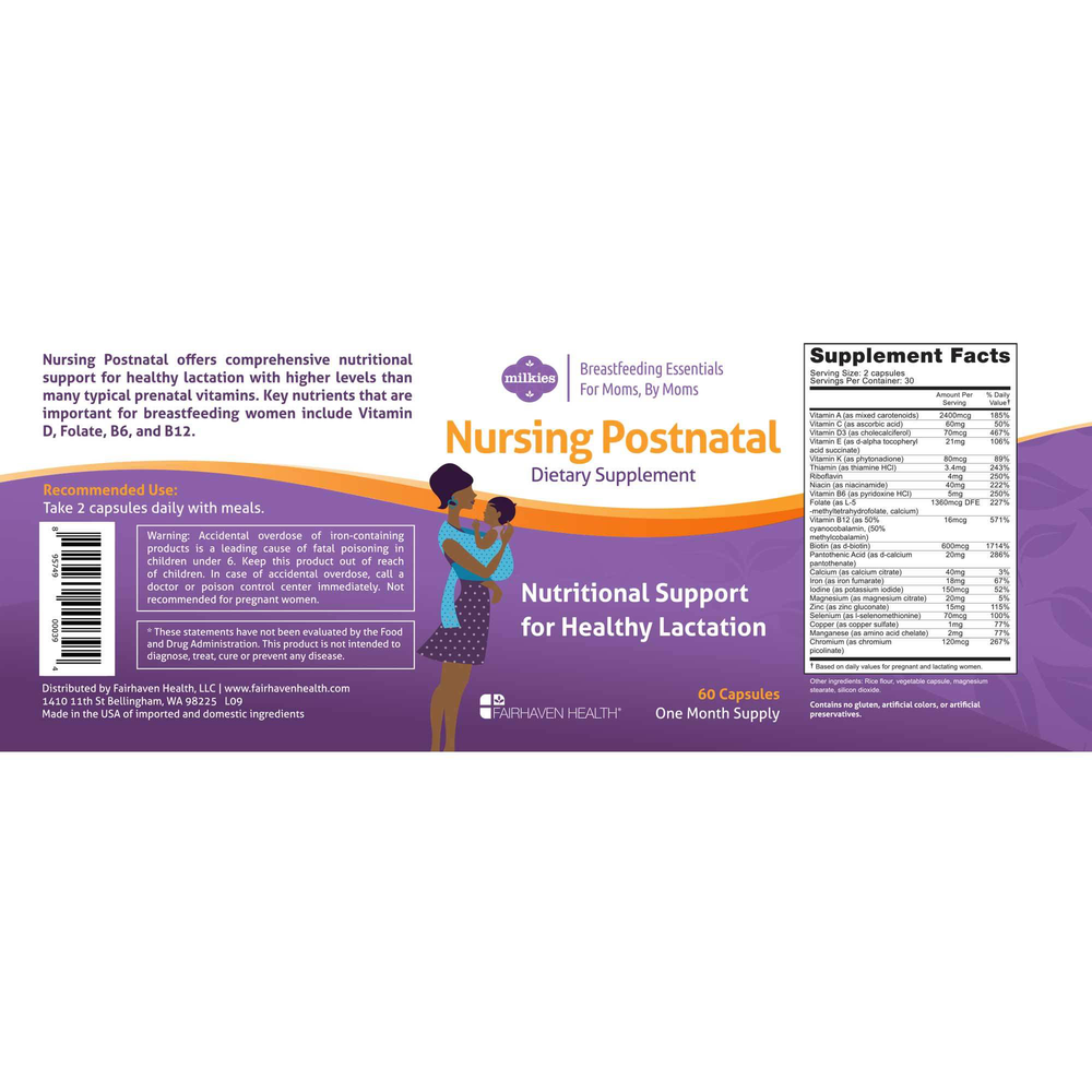 Fairhaven Health Milkies Nursing Postnatal - Lactation Supplement & Postnatal Vitamin 60 capsules