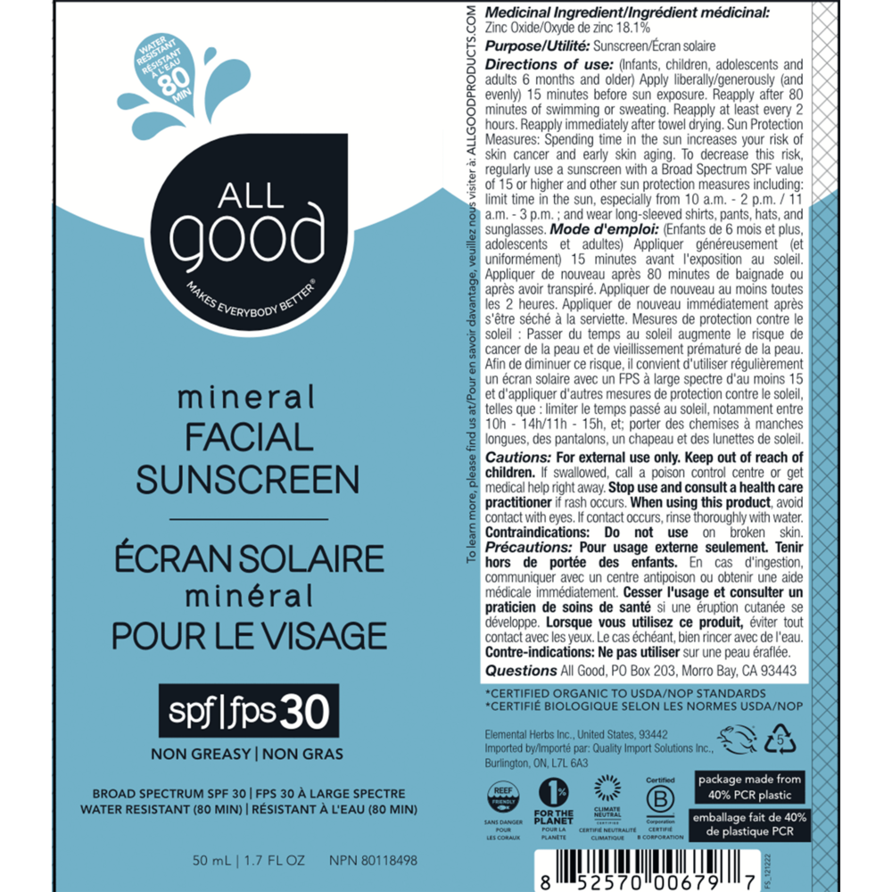 All Good 30 SPF Facial Sunscreen Lotion 1.7 oz