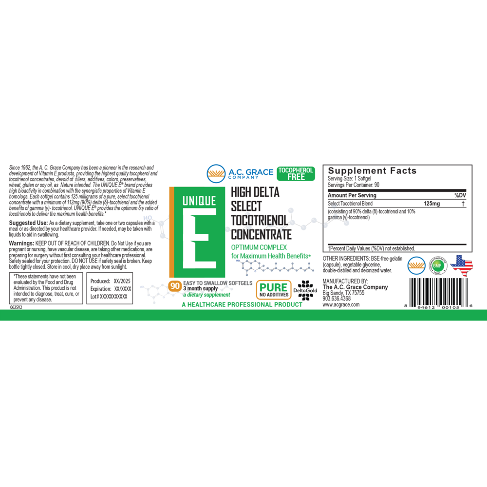 A.C. Grace Unique E High Delta Select Tocotrienol Concentrate 90 Softgels
