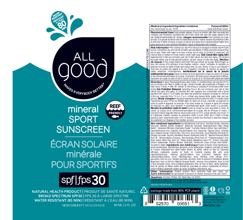 All Good SPF30 Sport Sunscreen Lotion 3oz