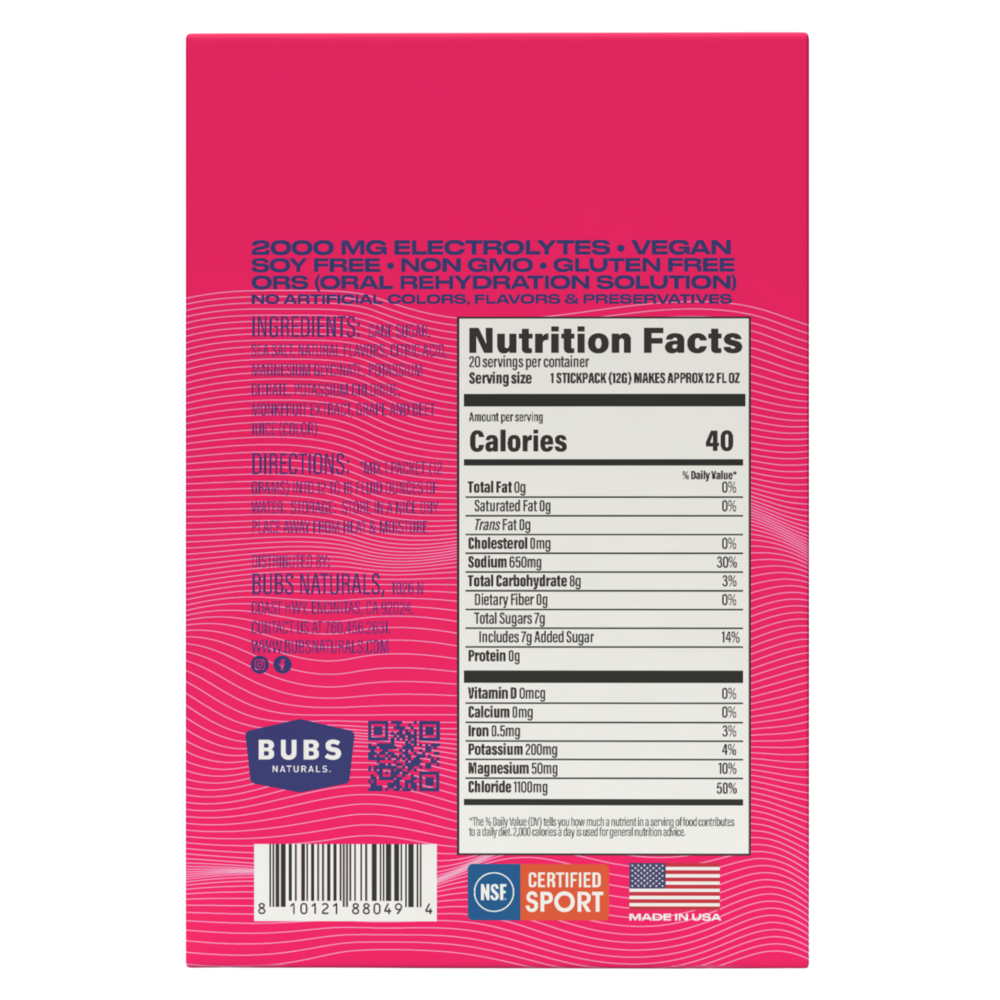 Bubs Naturals Hydrate or Die Electrolytes - Mixed Berry 20 packets