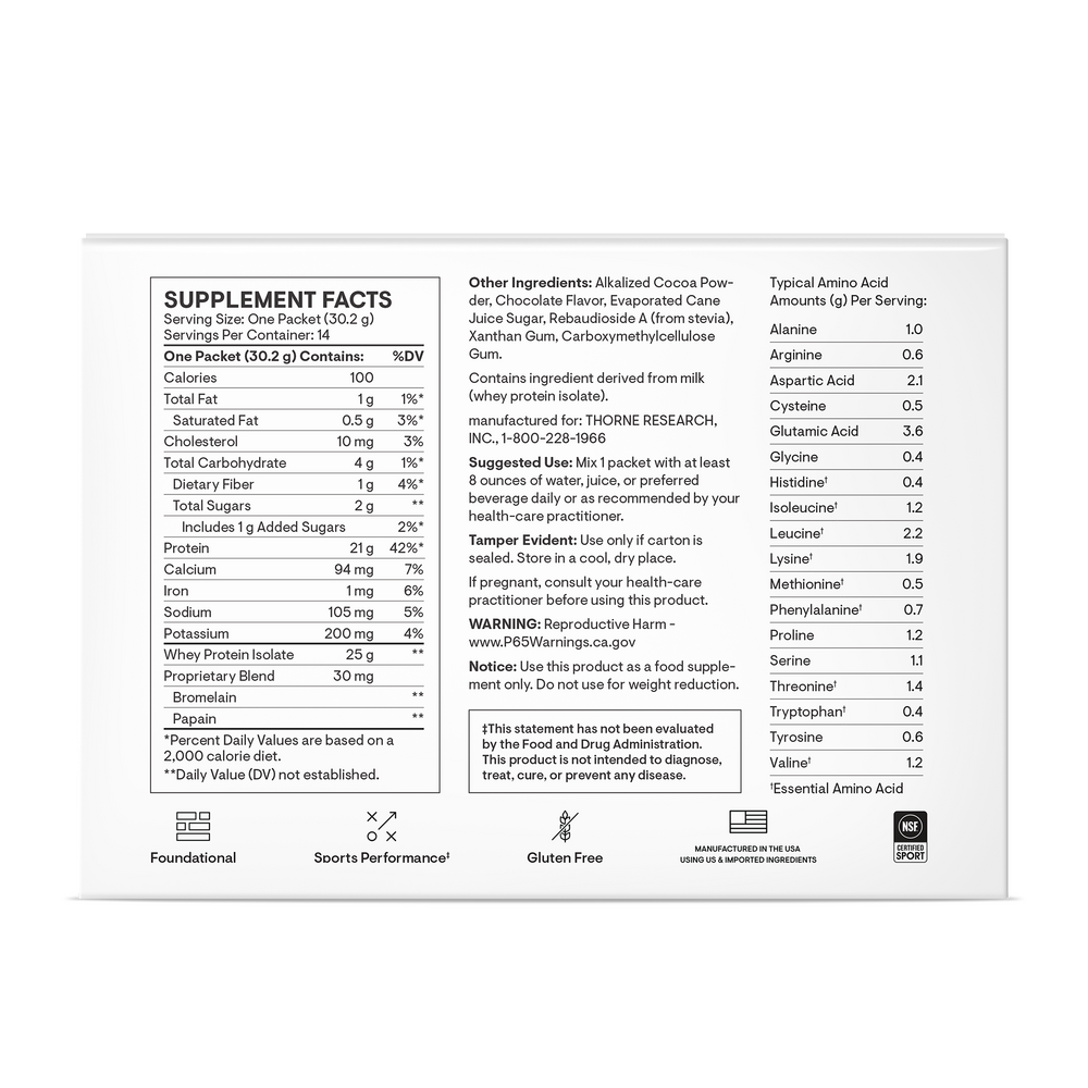 Thorne Whey Protein Isolate Chocolate Flavored 14 packets