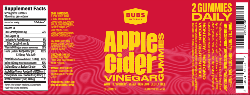Bubs Naturals Apple Cider Vinegar Gummies 60 gummies