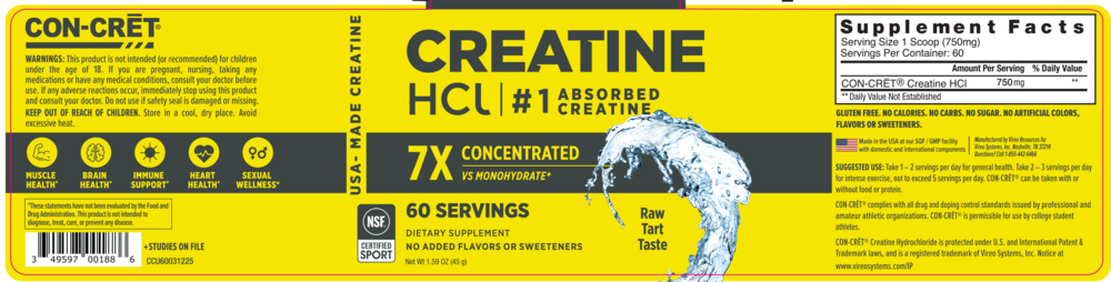 CON-CRET Creatine HCl Powder, 750mg, Unflavored 45g
