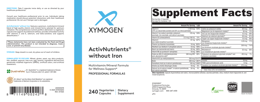 XYMOGEN ActivNutrients Without Iron (Multivitamin) 240 capsules