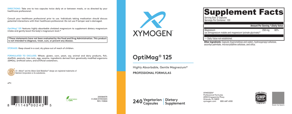 XYMOGEN OptiMag 125 (Magnesium) 240 capsules
