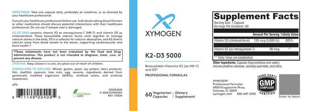 XYMOGEN K2-D3 5000 (Vitamin D3) 60 capsules