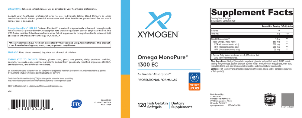 XYMOGEN Omega MonoPure 1300 EC (Fish Oil) 120 softgels