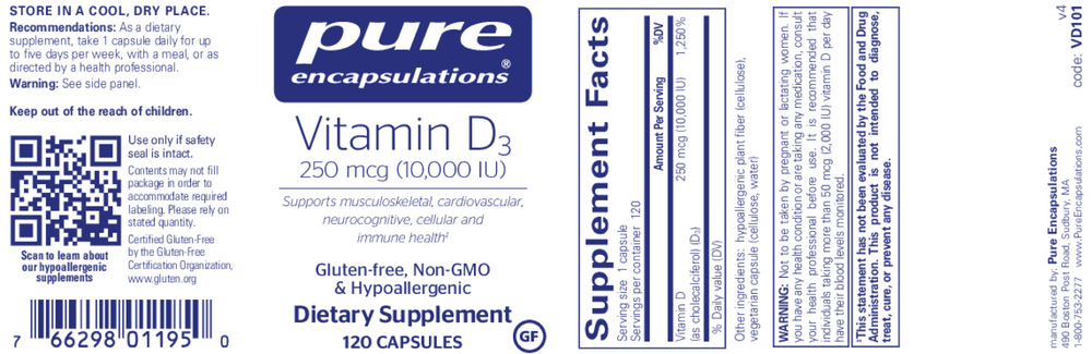 Pure Encapsulations Vitamin D3 250mcg (10,000IU) 120 capsules