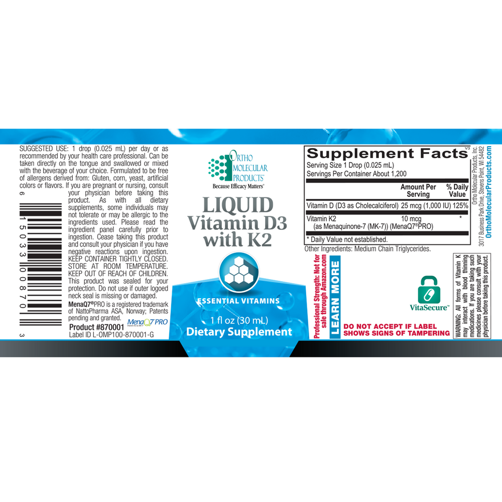 Ortho Molecular Product Vitamin D3 with K2 Liquid 1 oz