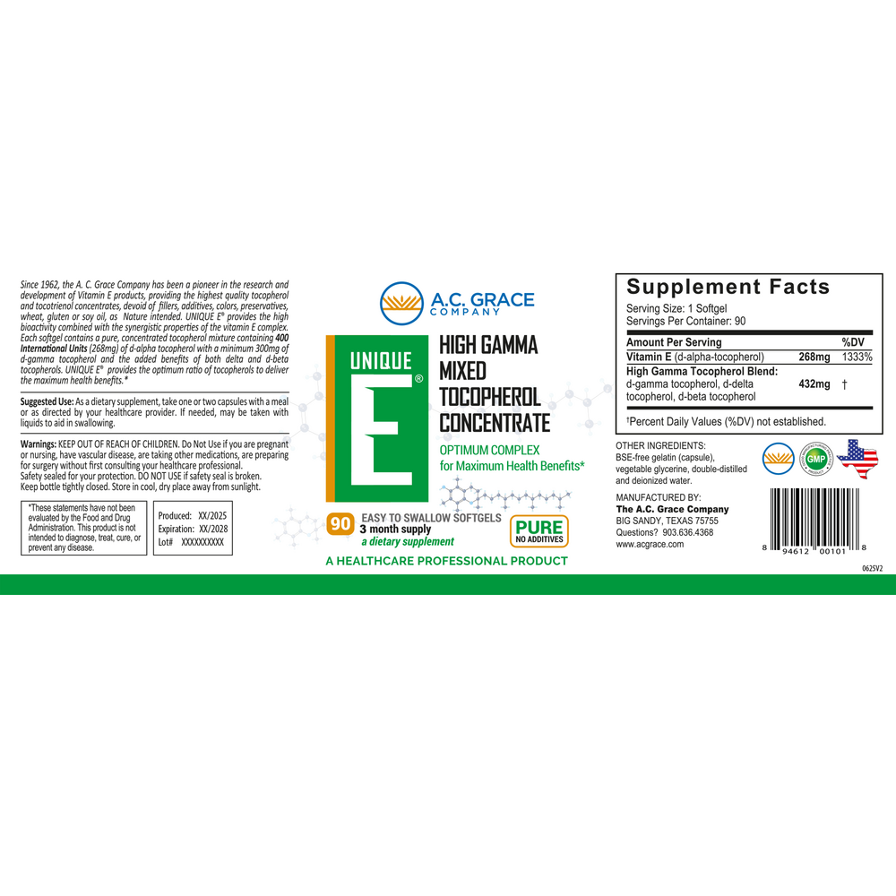 A.C. Grace UNIQUE E® Mixed Tocopherols Concentrate 90 Softgels