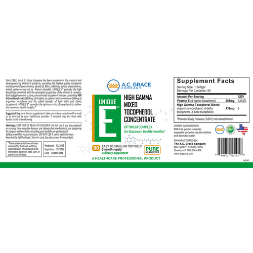 A.C. Grace UNIQUE E® Mixed Tocopherols Concentrate 90 Softgels