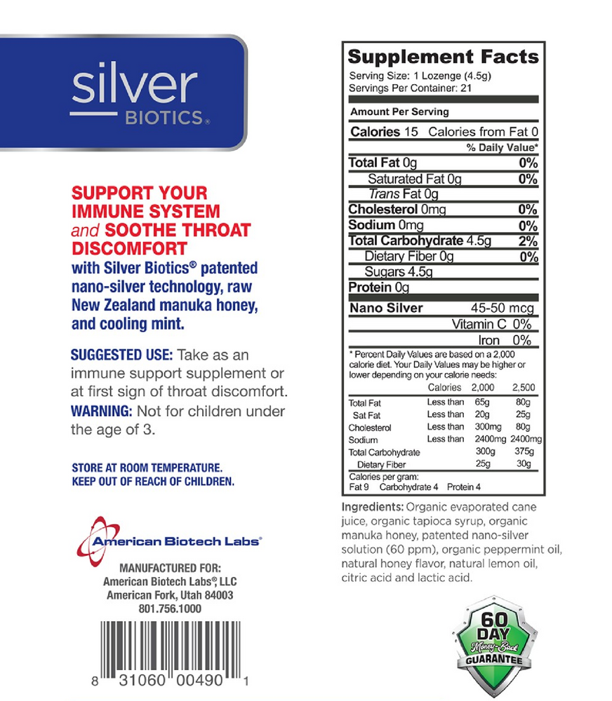 American BioTech Labs Silver Lozenges with Manuka Honey 21 lozenges