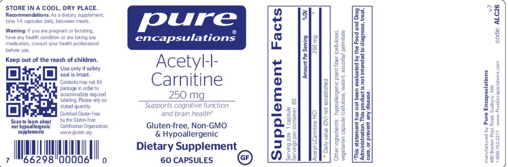 Pure Encapsulations Acetyl-L-Carnitine 250mg 60 capsules