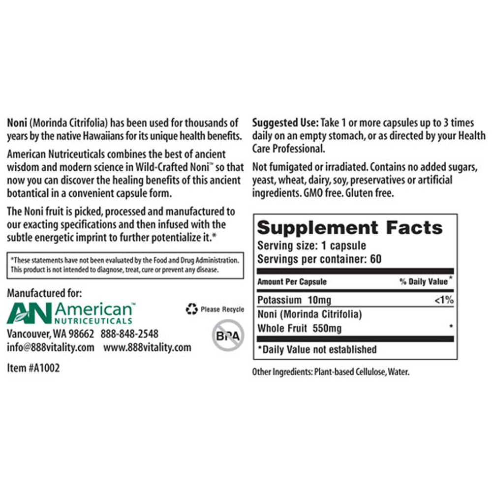 American Nutriceuticals Noni/Hawaiian Morinda Citrifolia 60 capsules