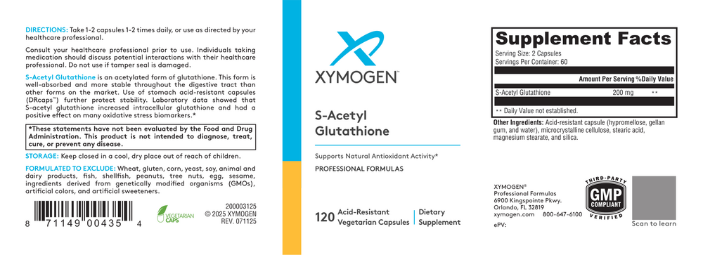 XYMOGEN S-Acetyl Glutathione (Antioxidant Support) 120 Capsules