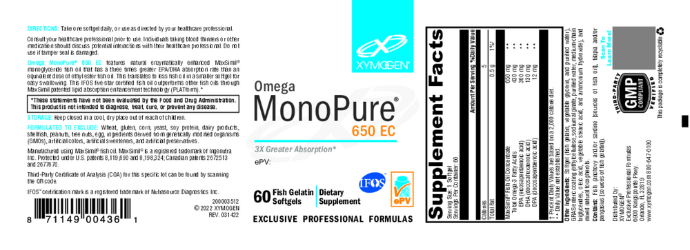 XYMOGEN Omega MonoPure 650 EC (Fish Oil) 60 softgels
