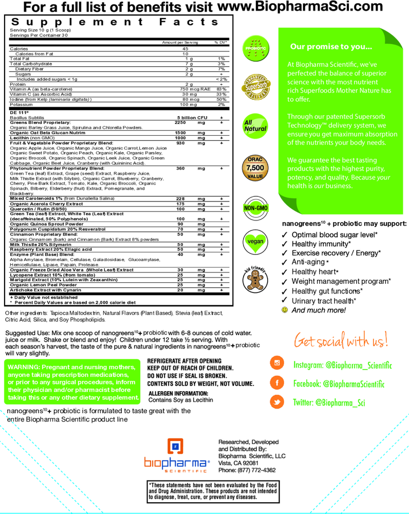 BioPharma Scientific NanoGreens+ Probiotic - Strawberry 300 Grams