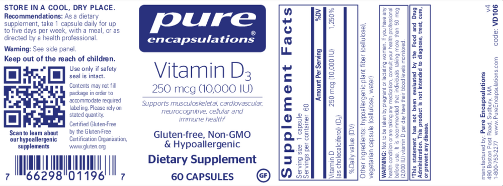 Pure Encapsulations Vitamin D3 250mcg (10,000IU) 60 capsules