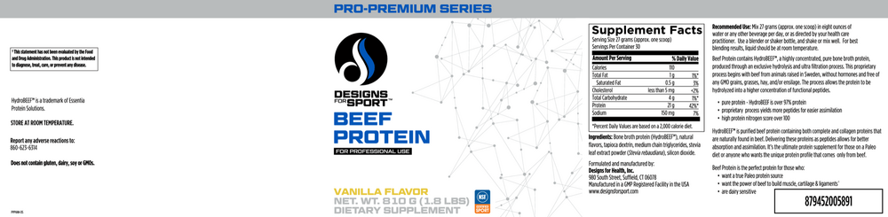 Designs For Sport Grass-Fed Beef Protein Powder, Vanilla (California Only) 810g