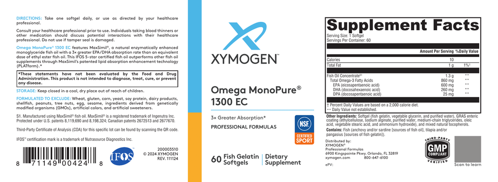 XYMOGEN Omega MonoPure 1300 EC (Fish Oil) 60 softgel capsules