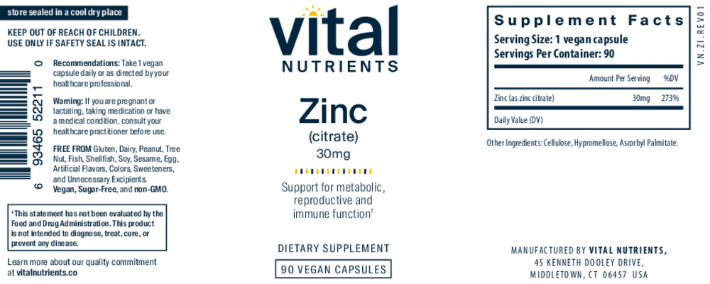 Vital Nutrients Zinc (Citrate) 30mg 90c 90 capsules