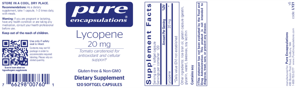 Pure Encapsulations Lycopene 20mg 120 softgel capsules