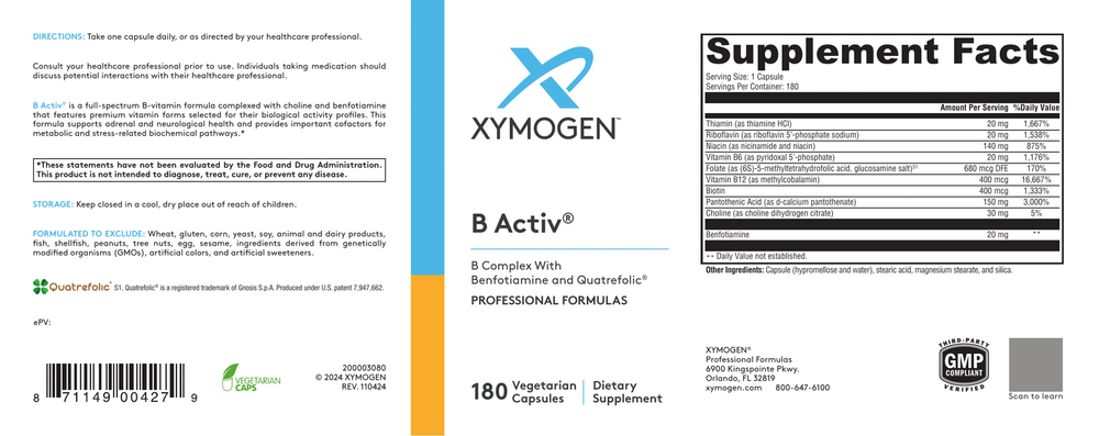 XYMOGEN B Activ (B Vitamin Complex) 180 capsules