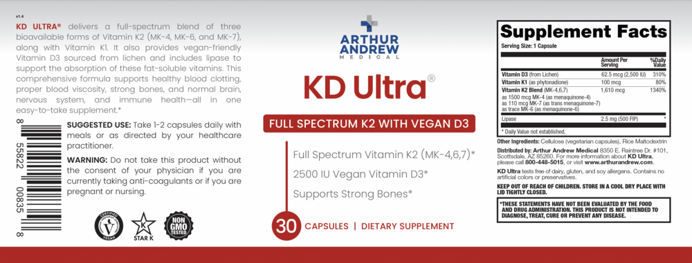 Arthur Andrew Medical KD Ultra, Full Spectrum K2 and Vegan D3 30 capsules