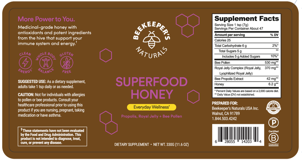 Beekeeper's Naturals Superfood Honey 330 Grams