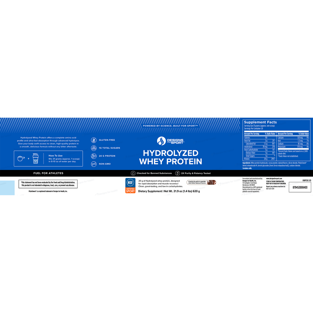 Designs For Sport Hydrolyzed Whey Protein Powder, Chocolate (California Only) 620g