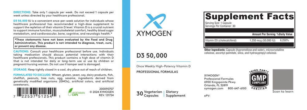 XYMOGEN D3 50,000 30 capsules