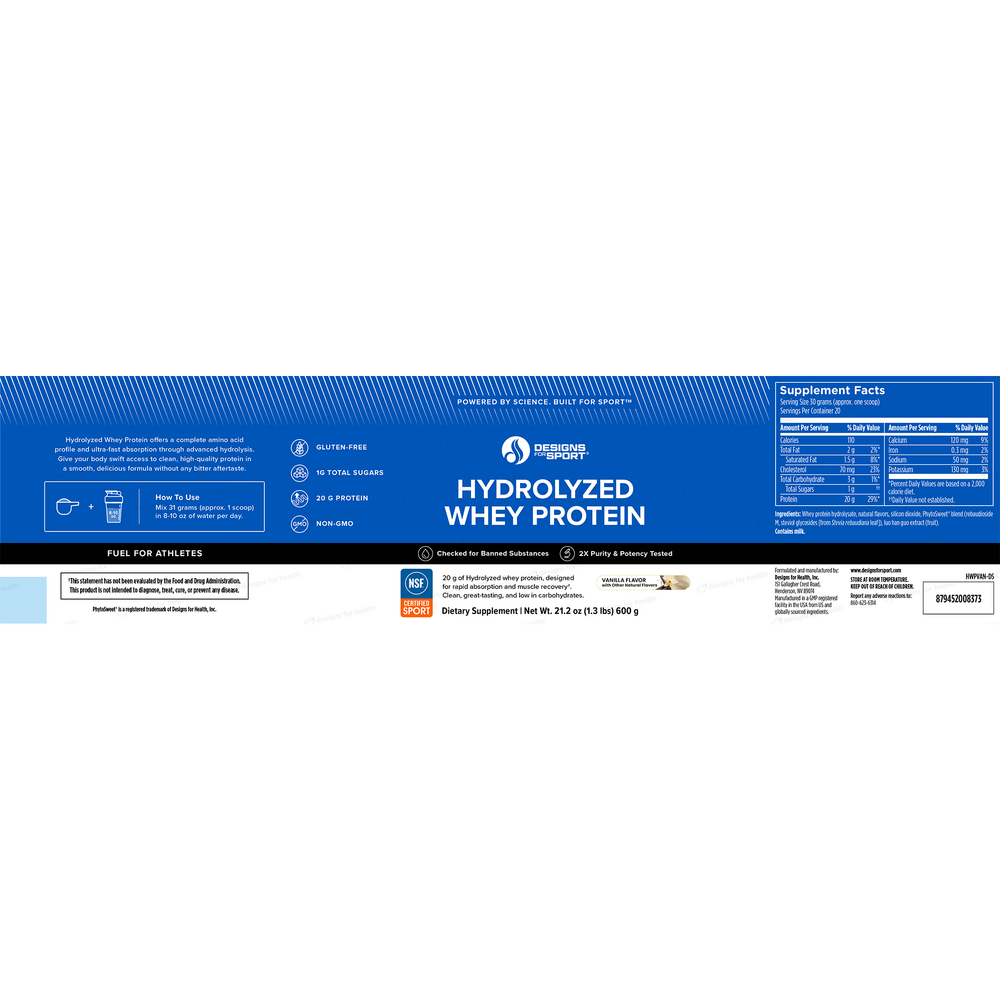 Designs For Sport Hydrolyzed Whey Protein Powder, Vanilla (California Only) 600g