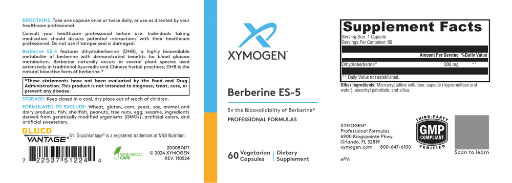 XYMOGEN Berberine ES-5 Dihydroberberine S1 60 capsules